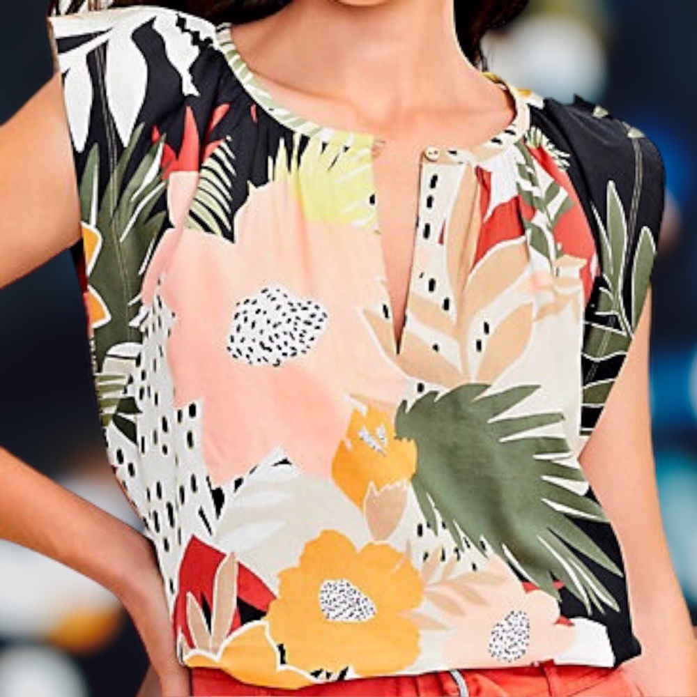 LOFT Multicolor Floral Cap-Sleeve Blouse